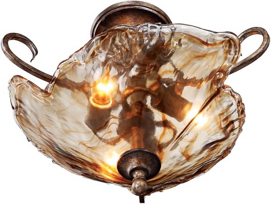 Franklin Iron Works Amber Scroll Modern Ceiling Light Semi Flush Mount Fixture 20 1/4" Wide Golden Bronze Art Glass for Bedroom Kitchen Living Room