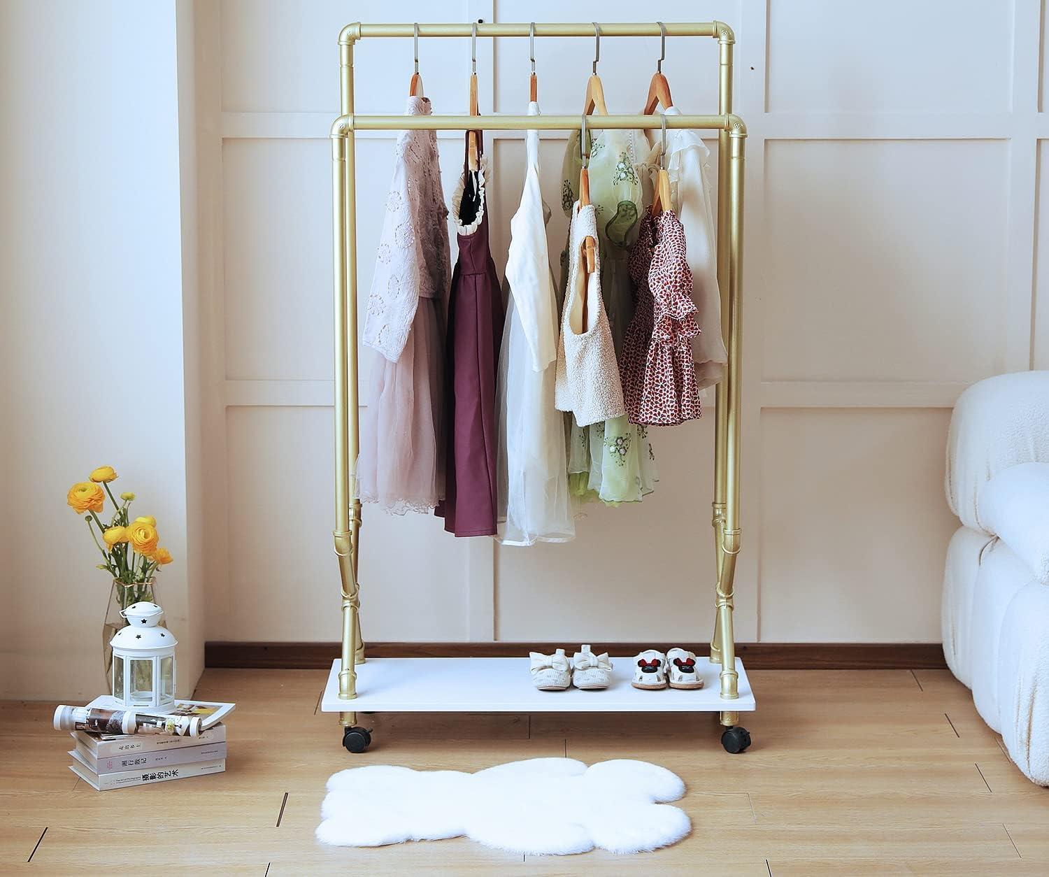 Gold and White Kids Garment Rack with Wood Shelf