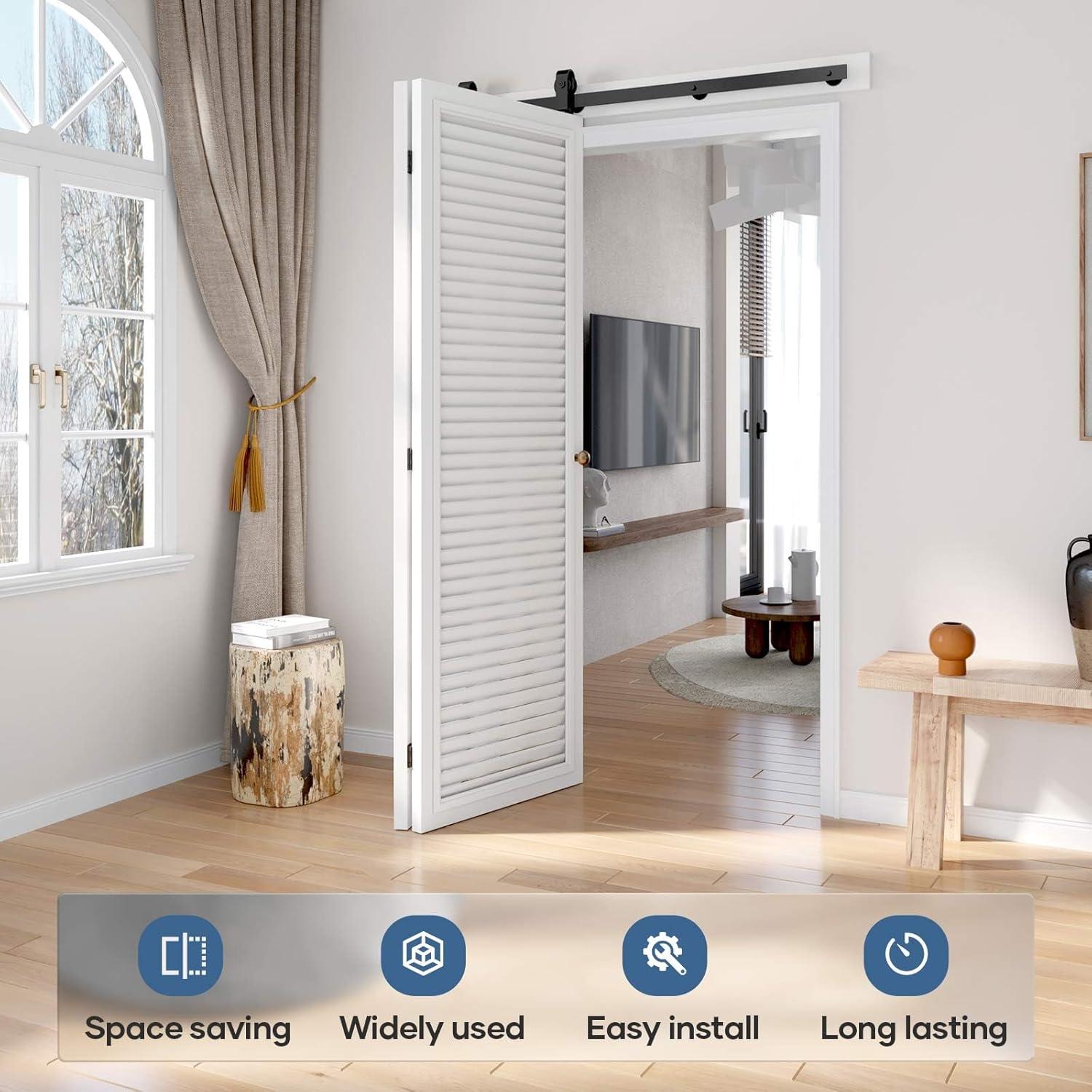 48 inch Bi-Folding Sliding Barn Door Hardware Track Kit, 4FT Black Roller Kit for 2 Doors, J Shape(No Door)