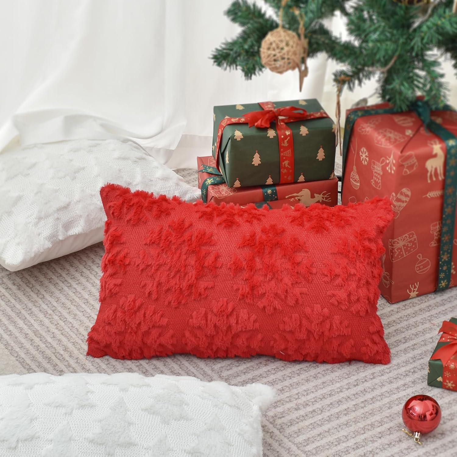 Red Faux Wool Snowflake Decorative Pillow Covers 12x20 Inch Set