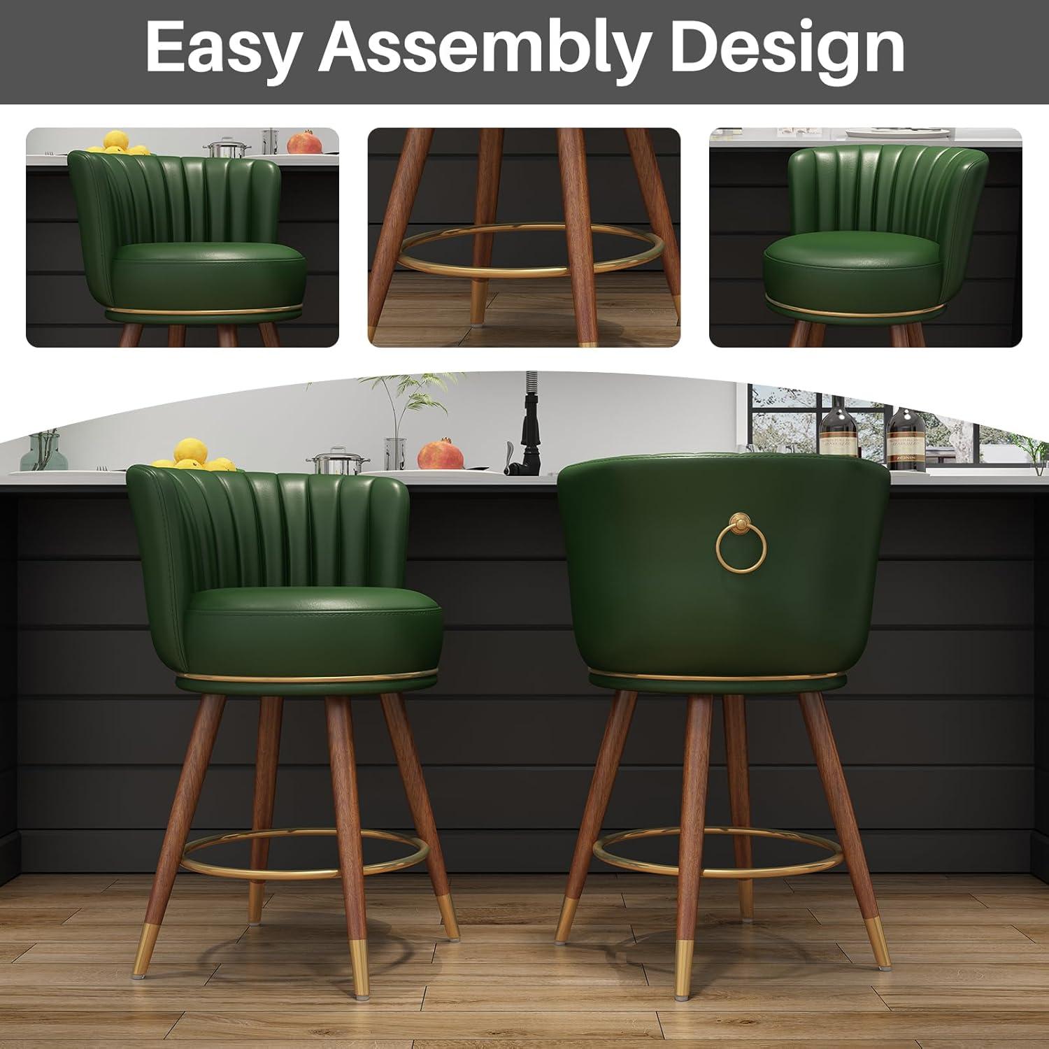 HomeZeer 24" Bar Stools Set of 2, Counter Height Bar Stools with Curved Back Swivel Barstools Pub Chairs with Wood Legs, Green