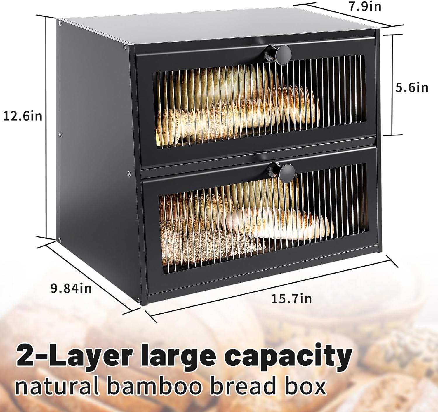 Bread Box for Kitchen Countertop,Extra Large 2 Layer Breadbox Wooden Farmhouse Bread Storage Container Bread Bin Bread Holder Food Organizer Pantry Shelf Acrylic Window(Black)