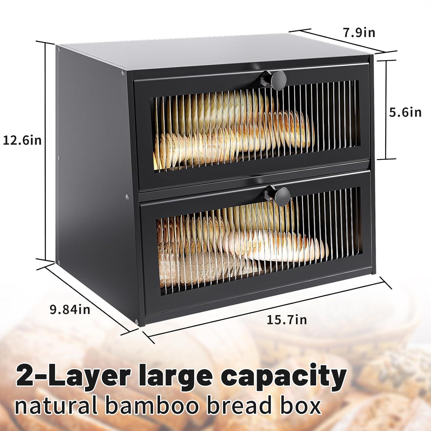 Bread Box for Kitchen Countertop,Extra Large 2 Layer Breadbox Wooden Farmhouse Bread Storage Container Bread Bin Bread Holder Food Organizer Pantry Shelf Acrylic Window(Black)