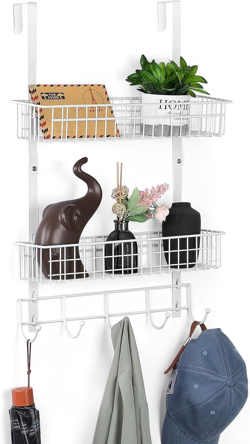 White Over Door Organizer with Hooks and Mesh Baskets