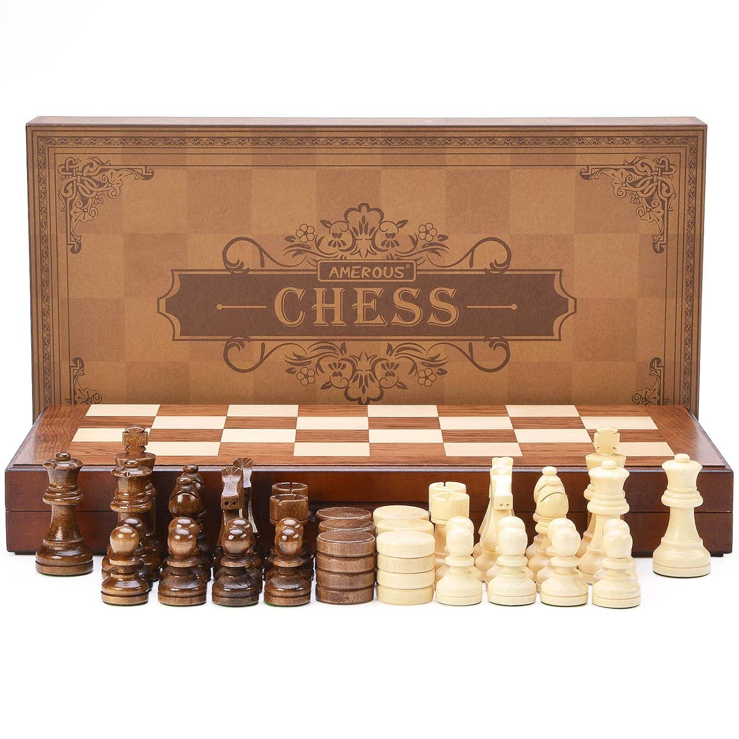 KiddiTouch 15 inch Magnetic Wooden Chess Set 2 in 1 Folding Chess Board Travel Chess Games for Adults and Kids