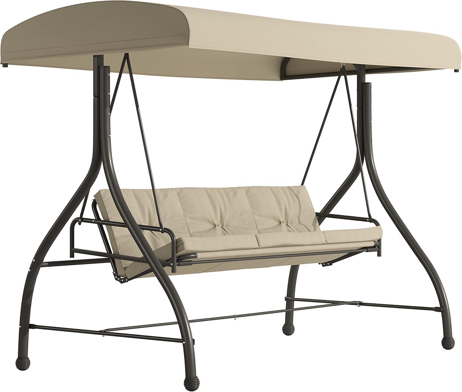 Flash Furniture 3-Seat Outdoor Steel Converting Patio Swing Canopy Hammock with Cushions / Outdoor Swing Bed (Tan)