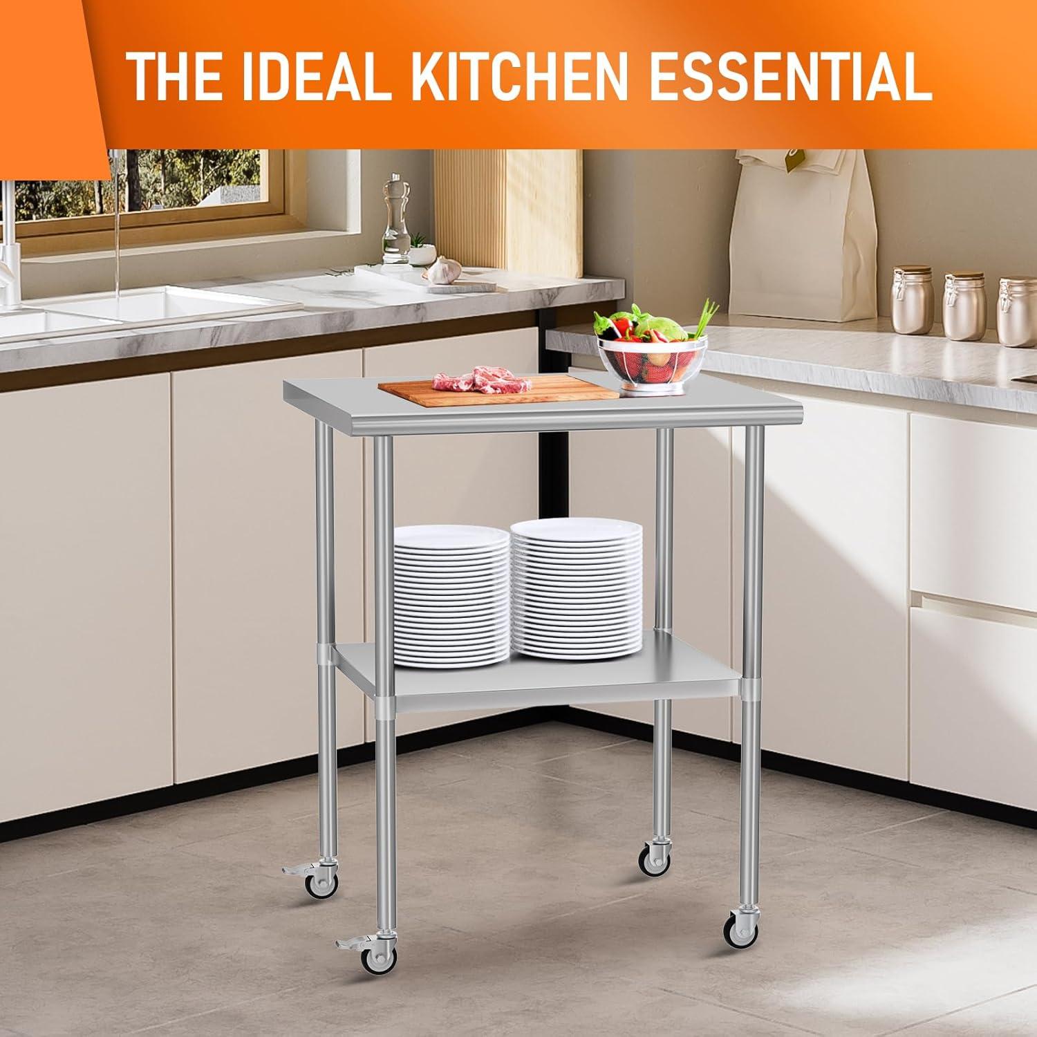 36"x24" Stainless Steel Kitchen Work Prep Table Commercial Workbench With Wheels