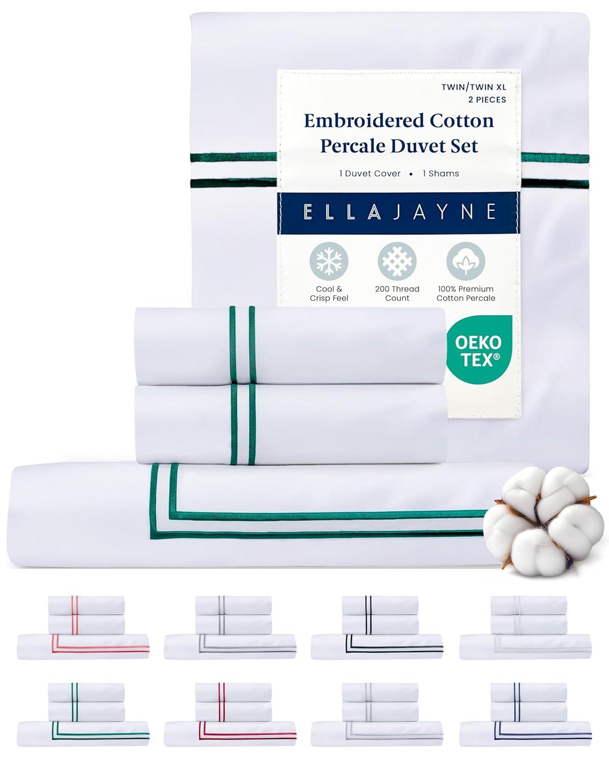 Ella Jayne 100% Cotton Percale 3 Piece Duvet Set, Twin/TwinXL, White with Dark Green Satin Stitching