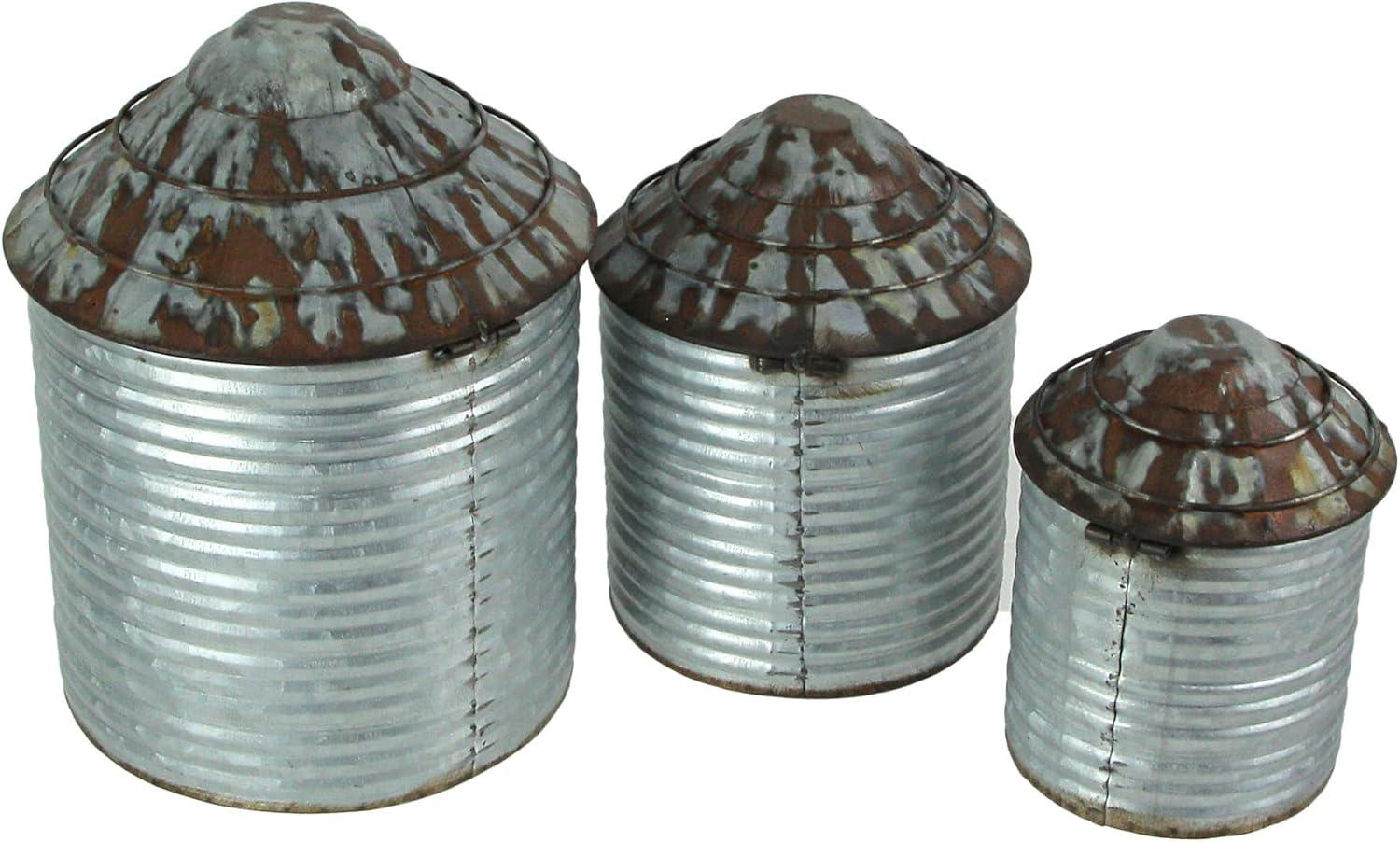 Zeckos Silver Galvanized Metal Farmhouse Style Silo Canister Set of 3