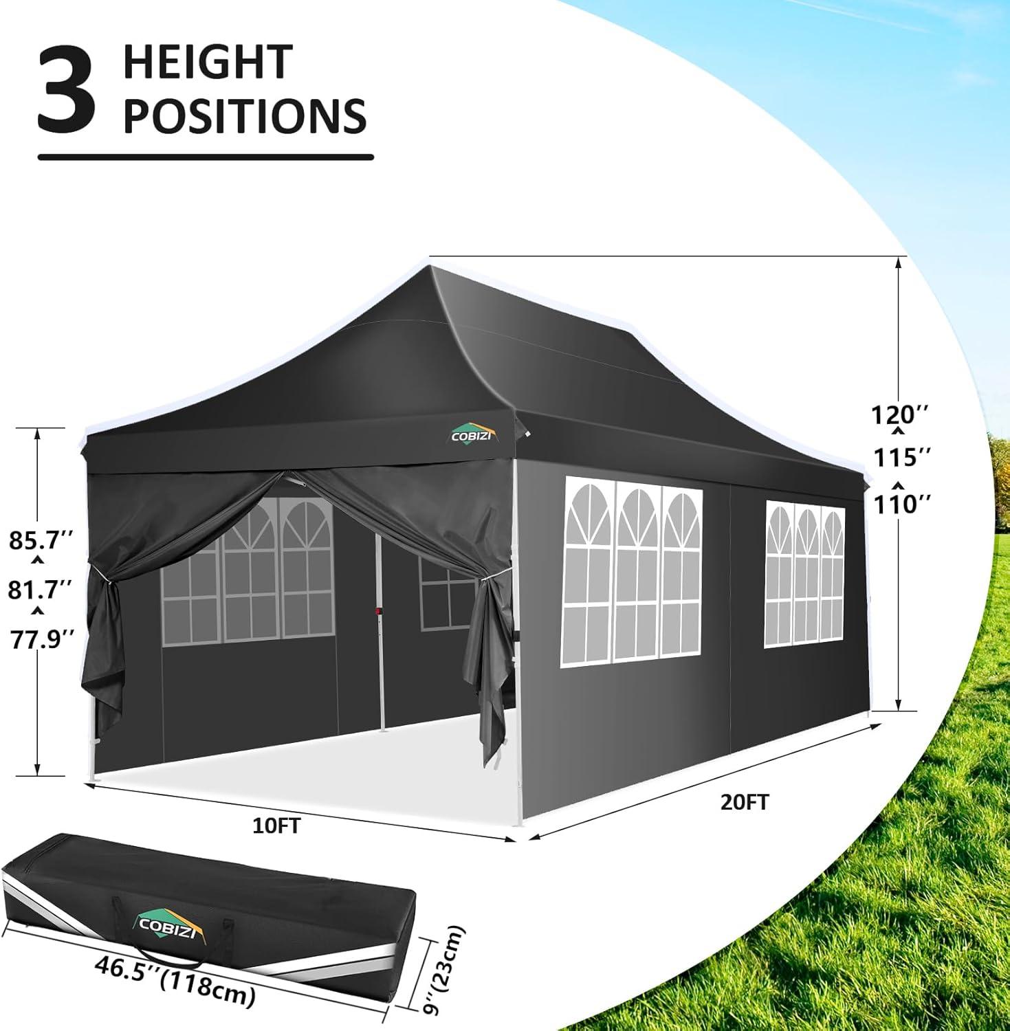 COBIZI Canopy Tent 10X20 Pop up Hollow Tent with 6 Removable Side Walls,Outdoor Event Party Canopy,Instant Portable,Suitable for Parties,Weddings,Camping and Beaches,with Wheeled Bag,Black