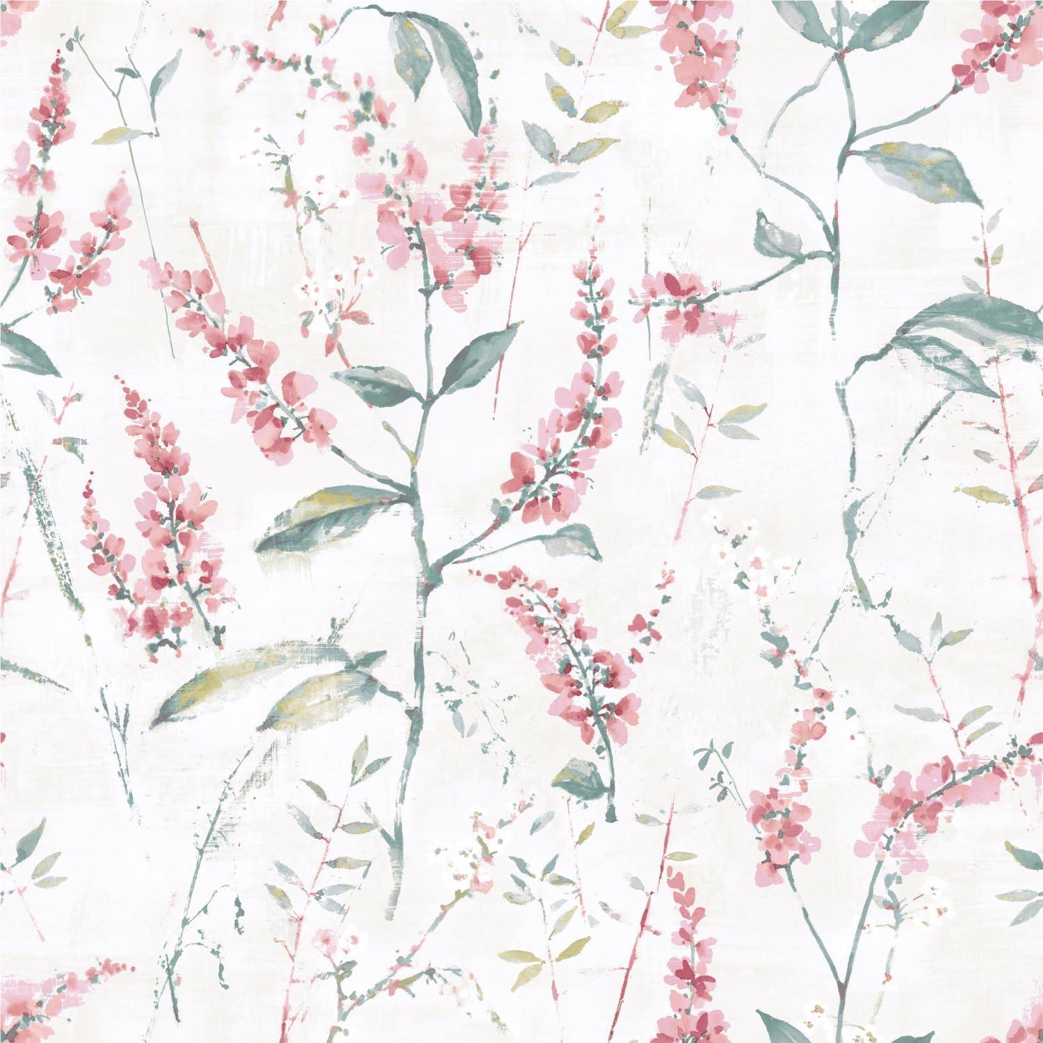 RoomMates Floral Sprig Peel and Stick Wallpaper Pink: Removable Vinyl Botanical Self-Adhesive, 28.2 Sq Ft Coverage