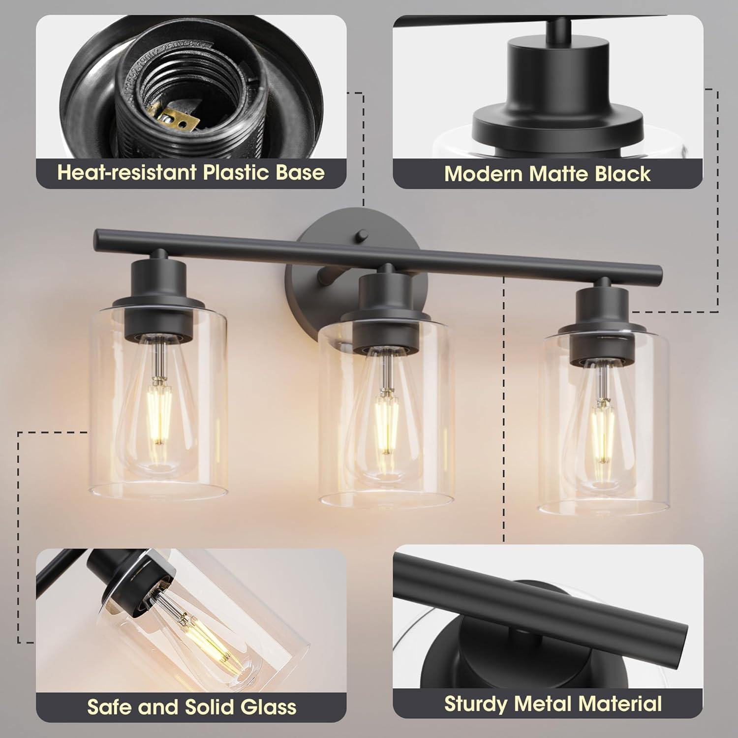 3-Light Bathroom Light Fixtures Bathroom Vanity Lights with Clear Glass Shades Matte Black Bathroom Light Fixtures over mirror for Mirror Living Room Cabinet Bedroom Porch