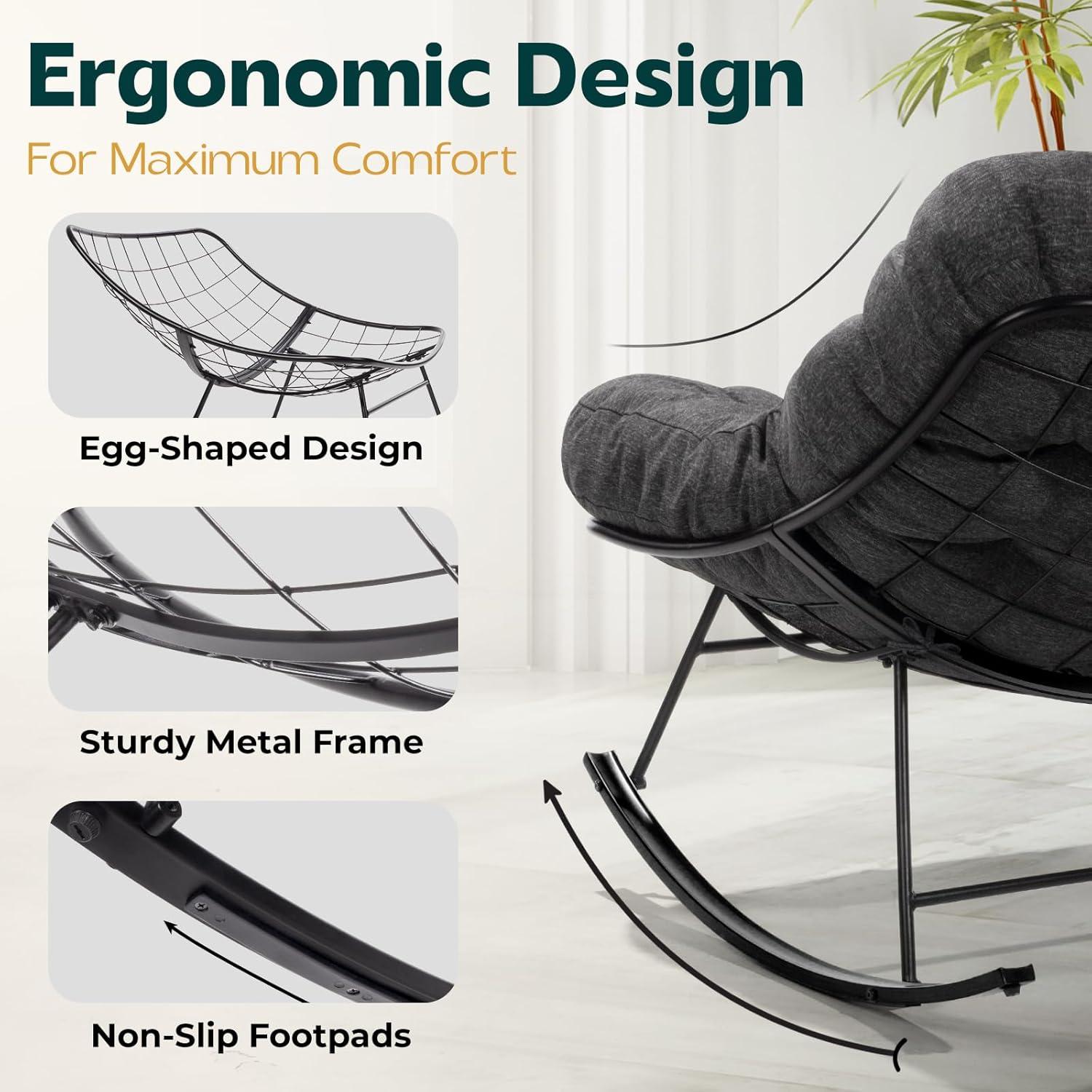Bme Patio Rocking Chair Outdoor and Indoor, Modern Metal Lounge Rocker with Thick 7'' Cushion, 400lbs Capacity, Ergonomic Design, Easy Assembly, Grey Cushion - Black Matte Rocker