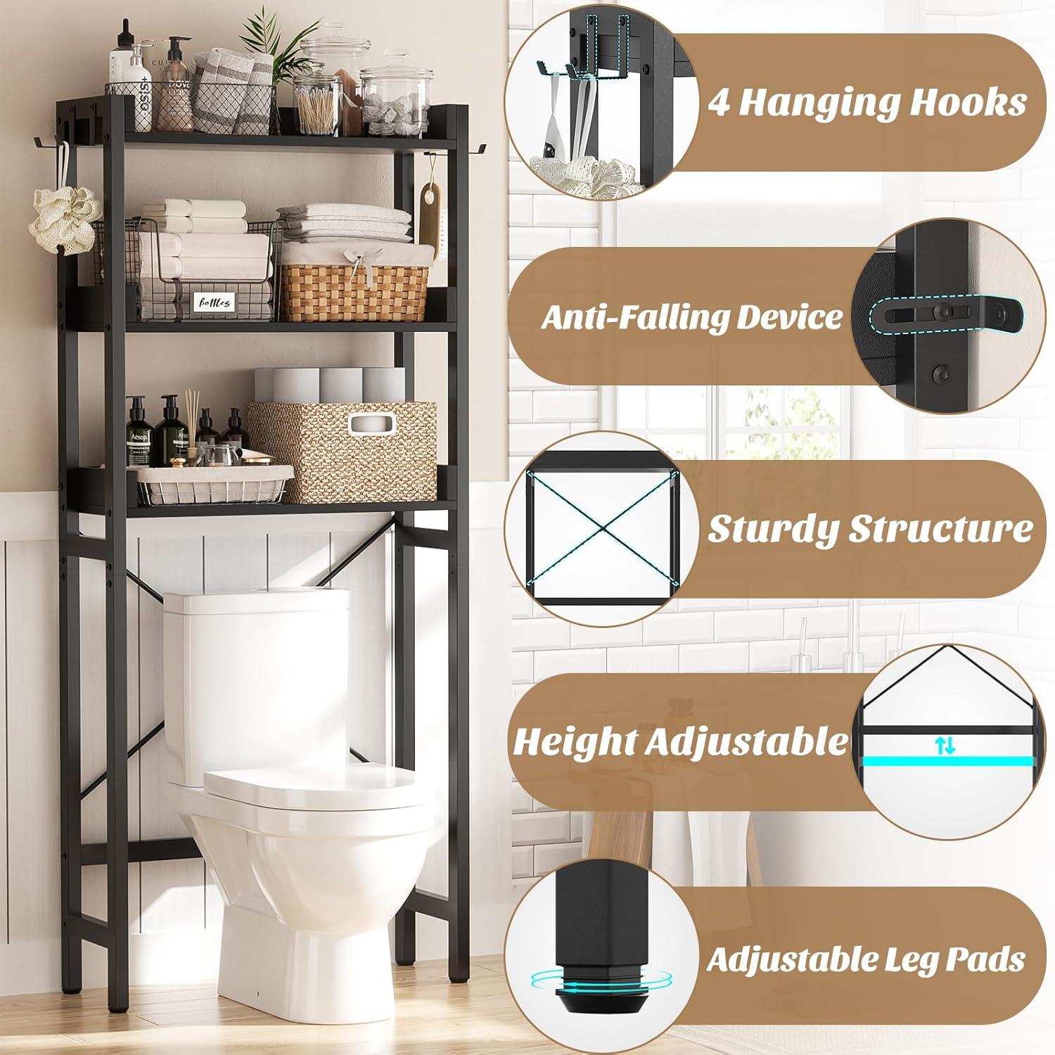 3-Tier Over The Toilet Storage, Space Saver Metal Bathroom Shelves, Freestanding Above Over Toilet Storage Shelf With 4 Hooks For Bathroom, Black