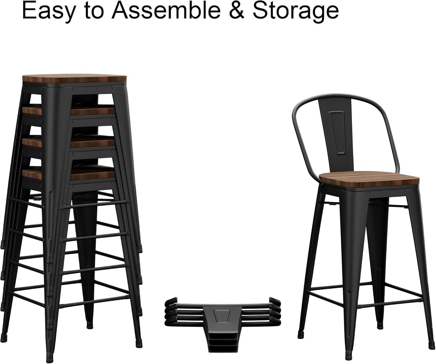 Andeworld 24" Bar Stools Set of 4,Counter Height Bar Stools with Larger Seat,Bar Stools with Back,Black Metal Bar Stools with Removable Back,Farmhouse Bar Stools,High Back Kitchen Bar Stools Chair