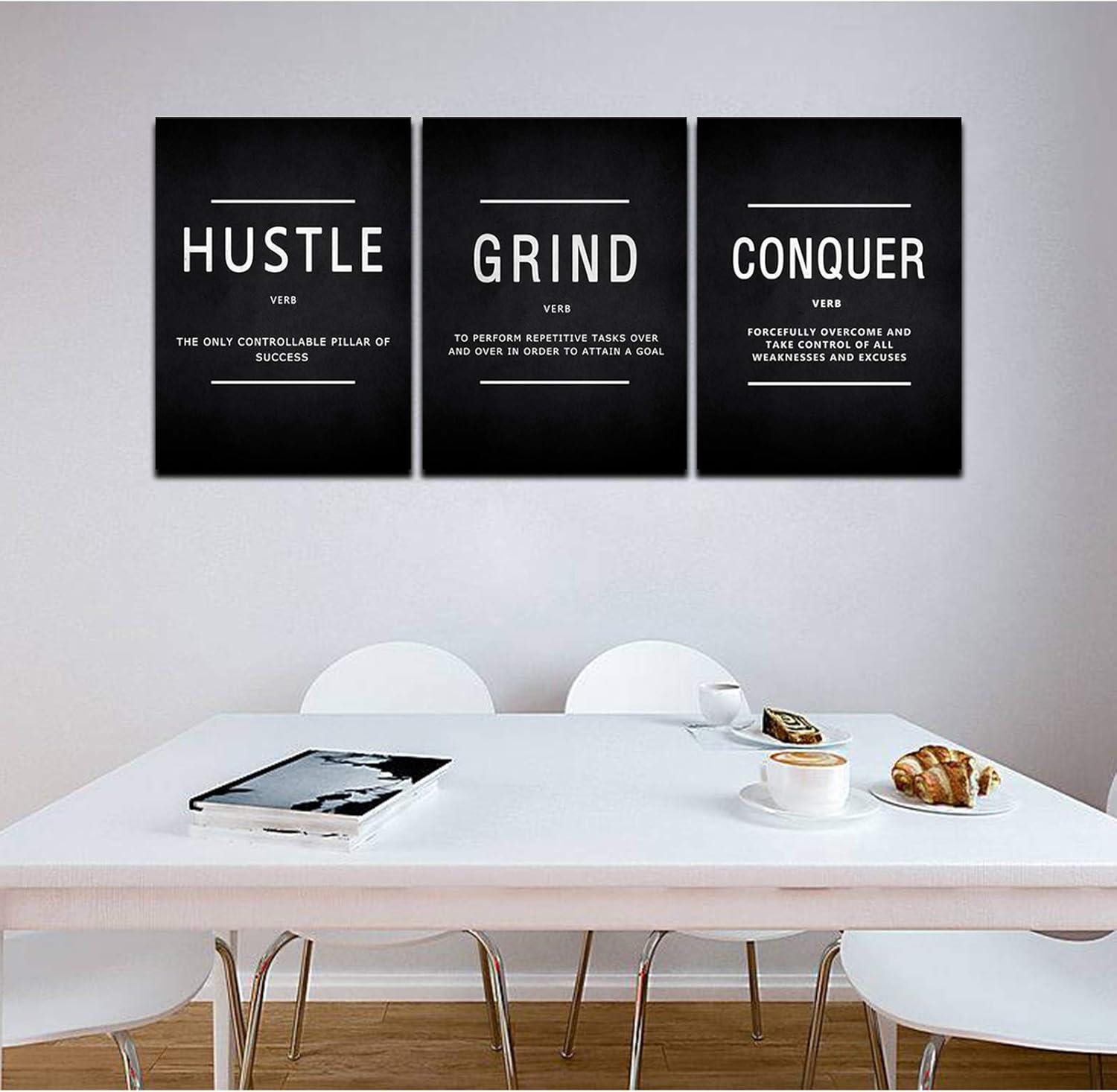 Success Quotes Wall Art, Grind Hustle Conquer Motivation Wall Poster Framed Positive Sayings Wall Hanging Inspirational Quotes for Home Office Workplace - 12x16inx3pcs