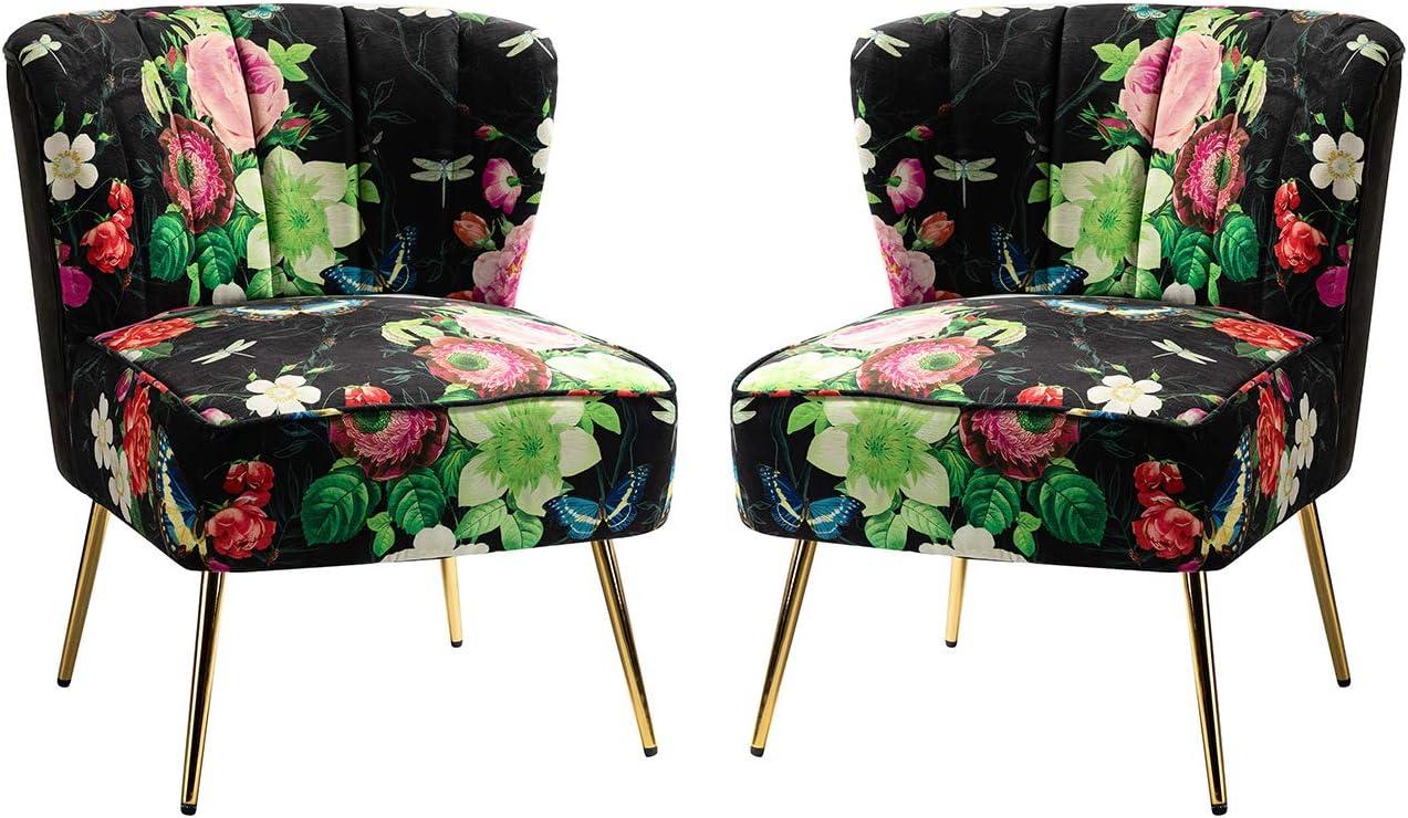 Upholstered Floral Accent Slipper Chairs Set of 2 Side Dining Chair Wingback Armless Sofa Tufted Back Golden Legs Home Living Room Bedroom Black