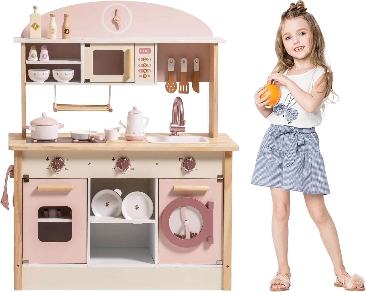 ROBOTIME Wooden Play Kitchen with Realistic Accessories for Kids Toddlers Girls & Boys Modern Style Cooking Toy Pink Kitchen