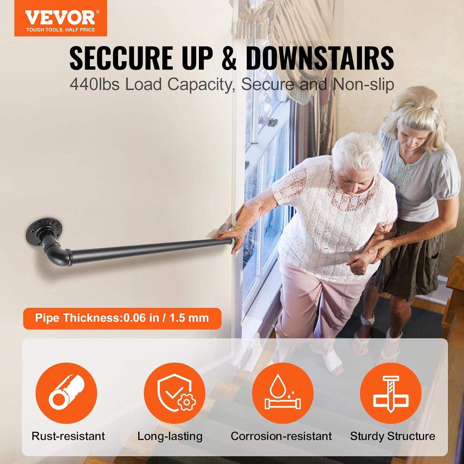 Black PVC and Stainless Steel Stair Handrail, 39.37 in