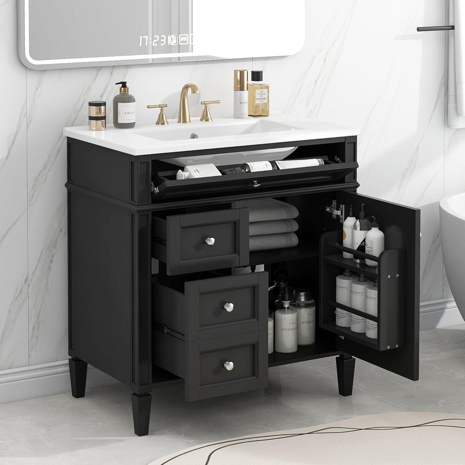 HLILish 30'' Bathroom Vanity With Top Sink, Modern Bathroom Storage Cabinet With 2 Drawers And A Tip-Out Drawer, Single Sink Bathroom Vanity