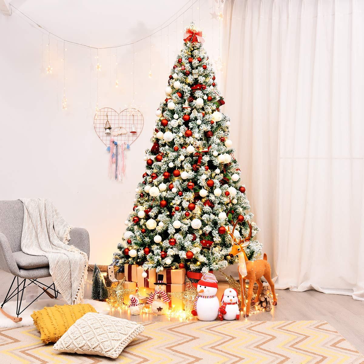 Costway 7.5Ft Pre-Lit Premium Snow Flocked Hinged Artificial Christmas Tree w/550 Lights