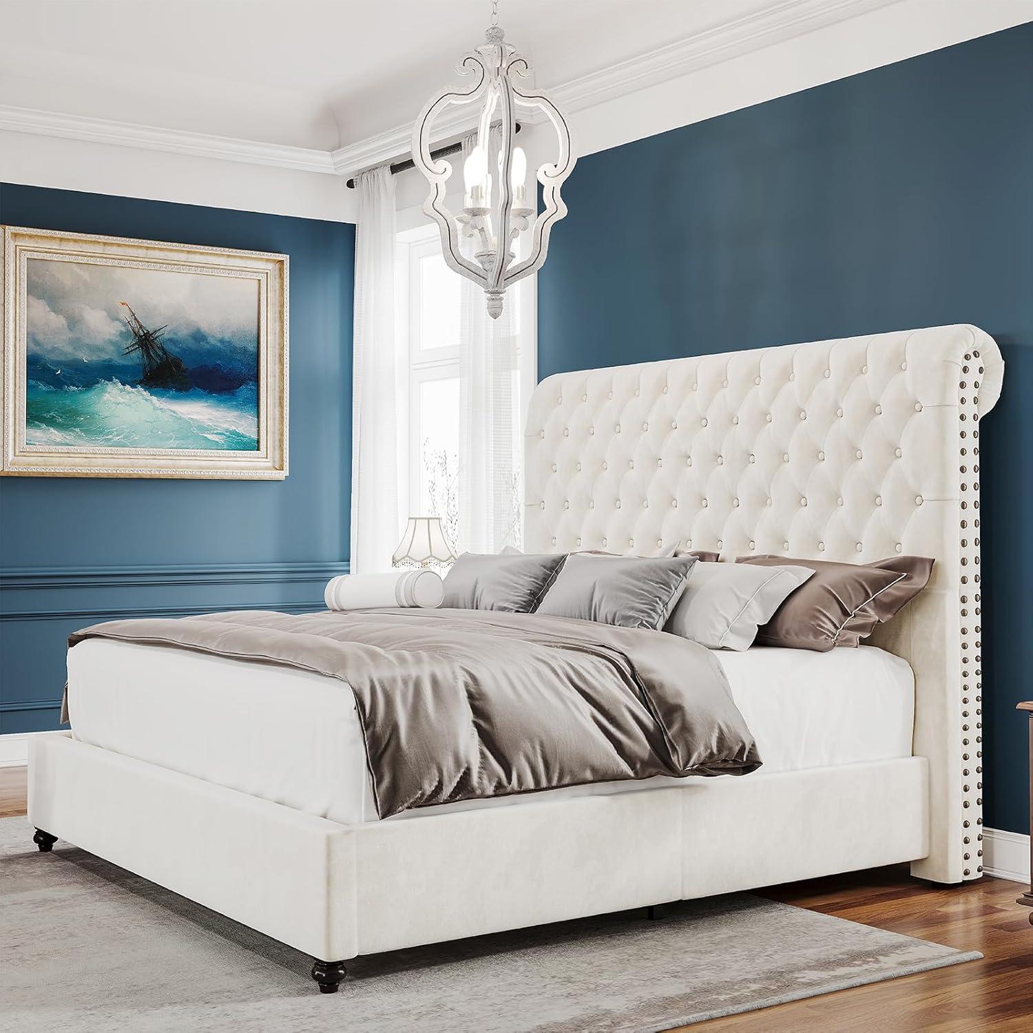 MERLUXY Upholstered King Bed Frame with Velvet Tufted Sleigh Headboard,Cream