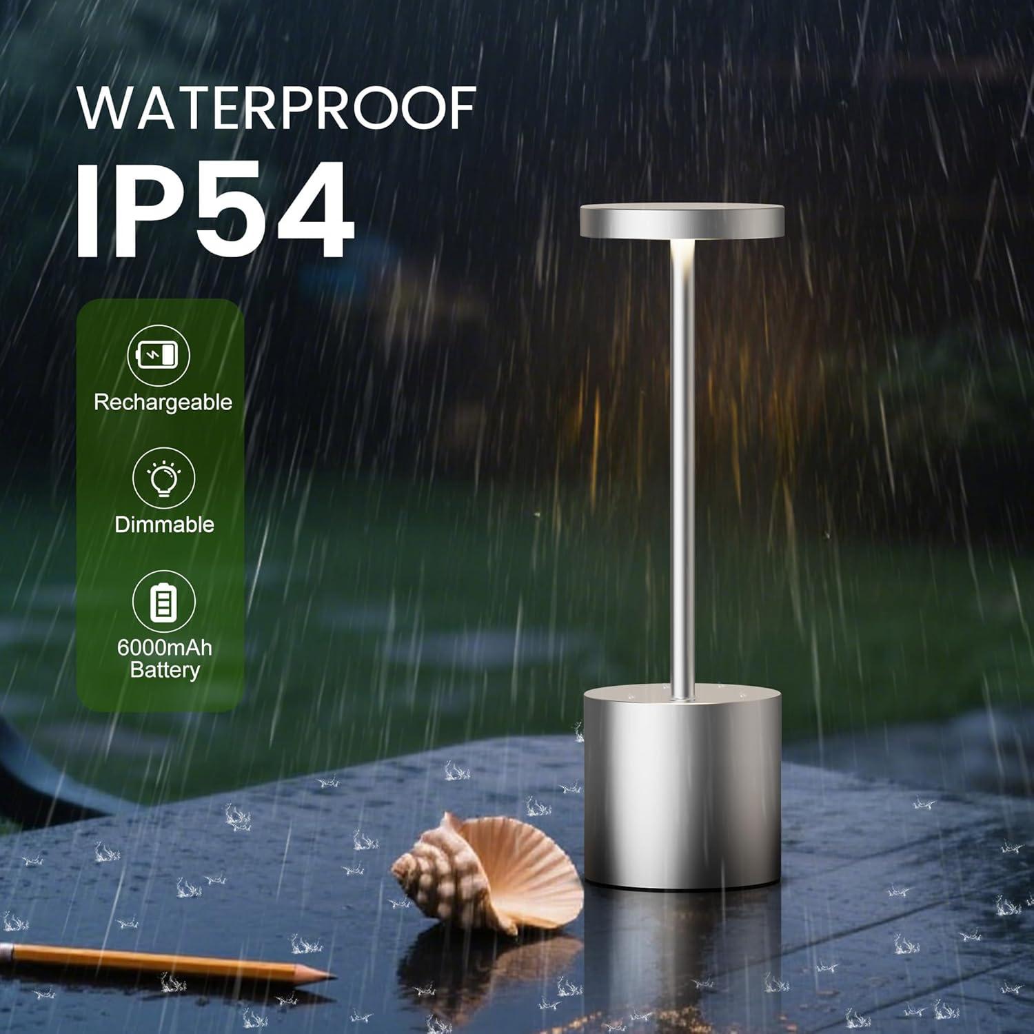 Silver Cordless Outdoor LED Table Lamp, 2-Pack, Metal Shade