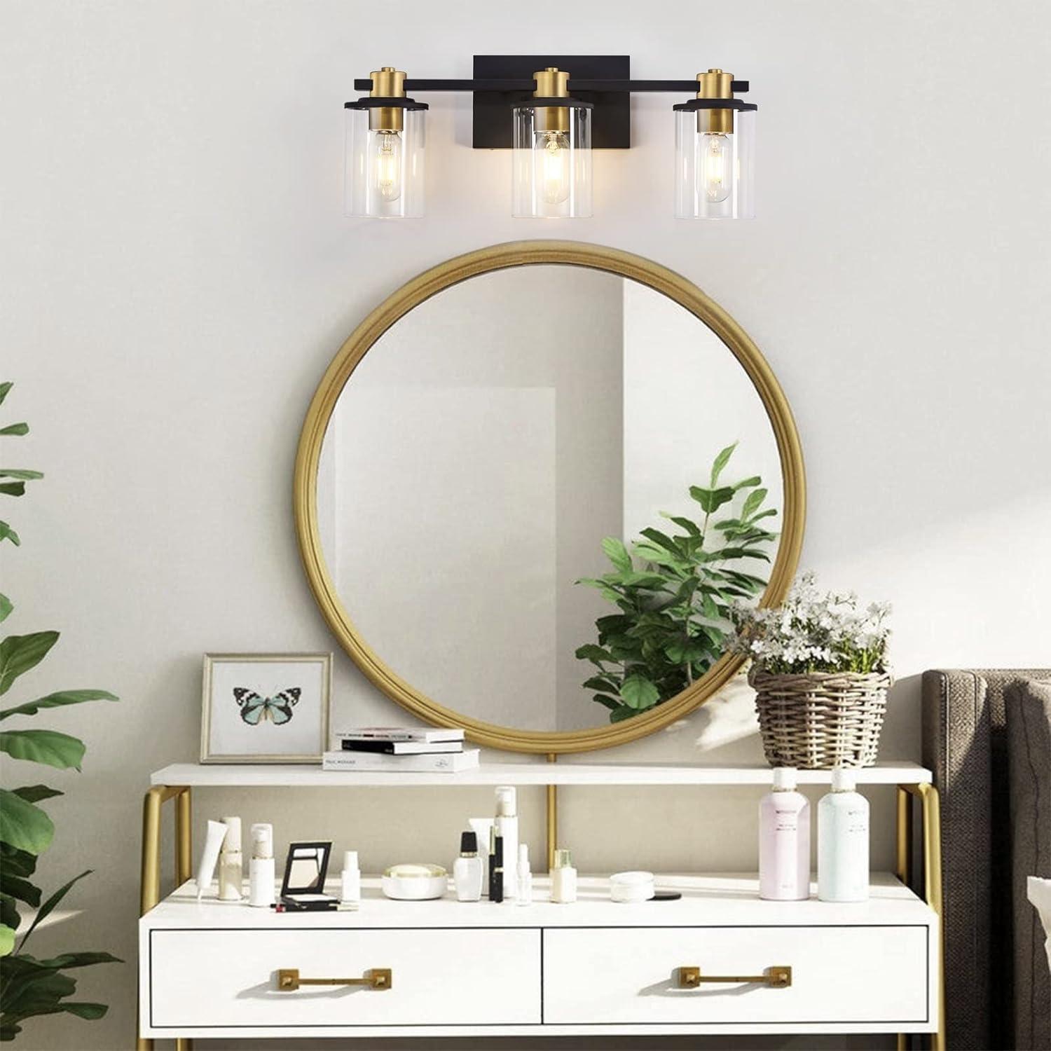 Black and Gold 3-Light Vanity with Clear Glass Shades