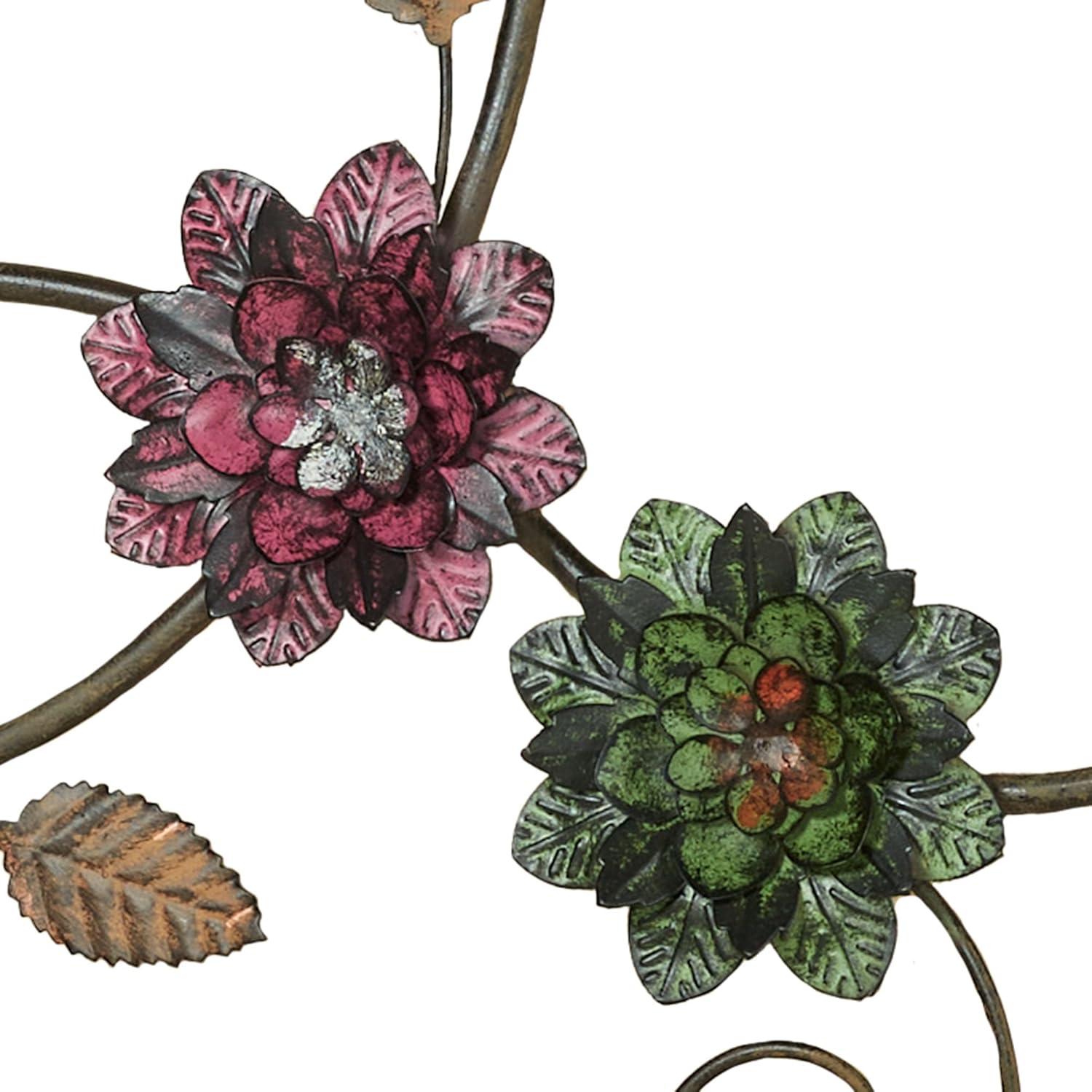 Golden Bronze Metal Wall Art Sculpture with Purple and Green Flowers