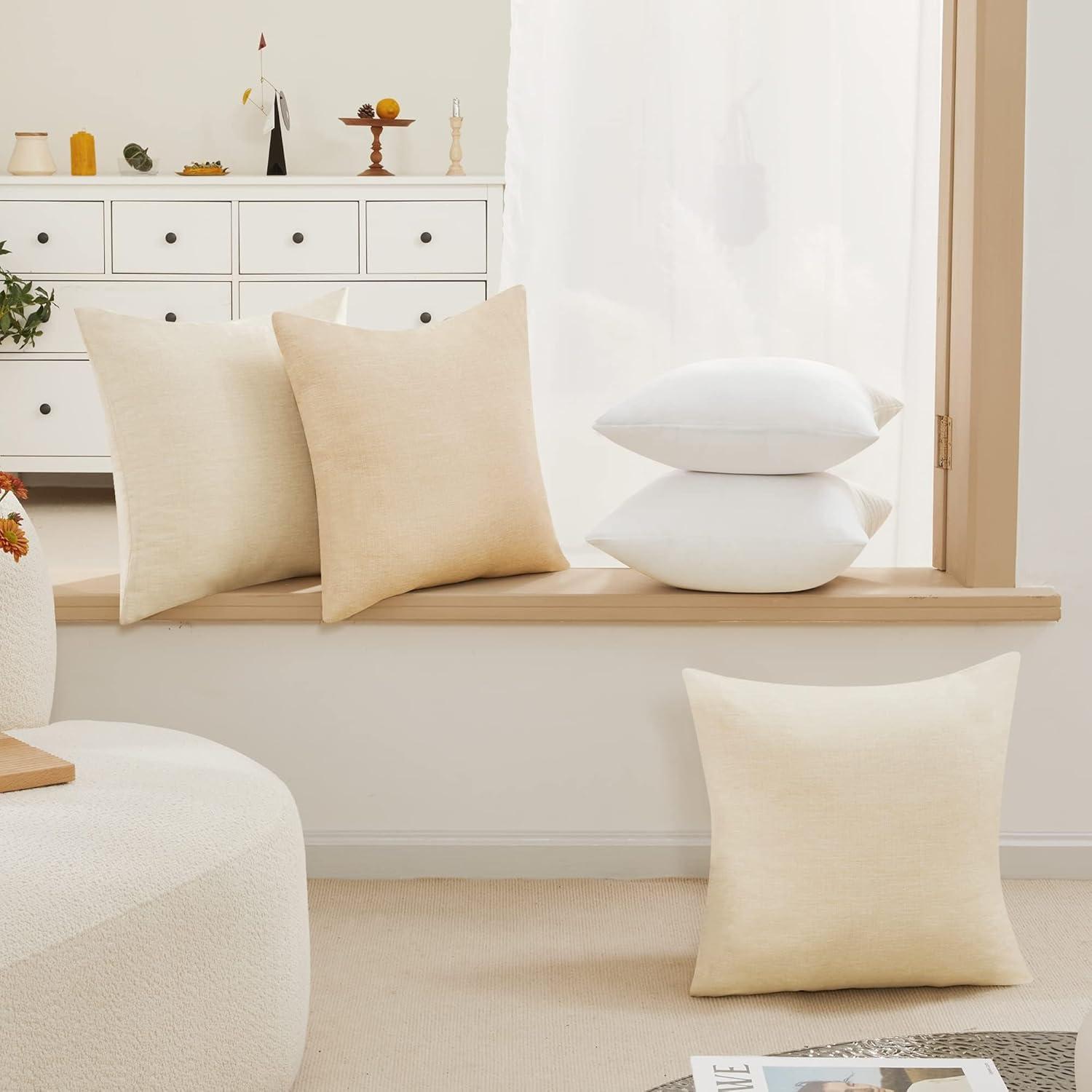 Deconovo Decorative Throw Pillow Covers - Set of 4 Soft Linen Cushion Covers, 20x20 Inch, Green & Machine Washable Pillowcases for Sofa, Bedroom, Living Room Décor, Beige