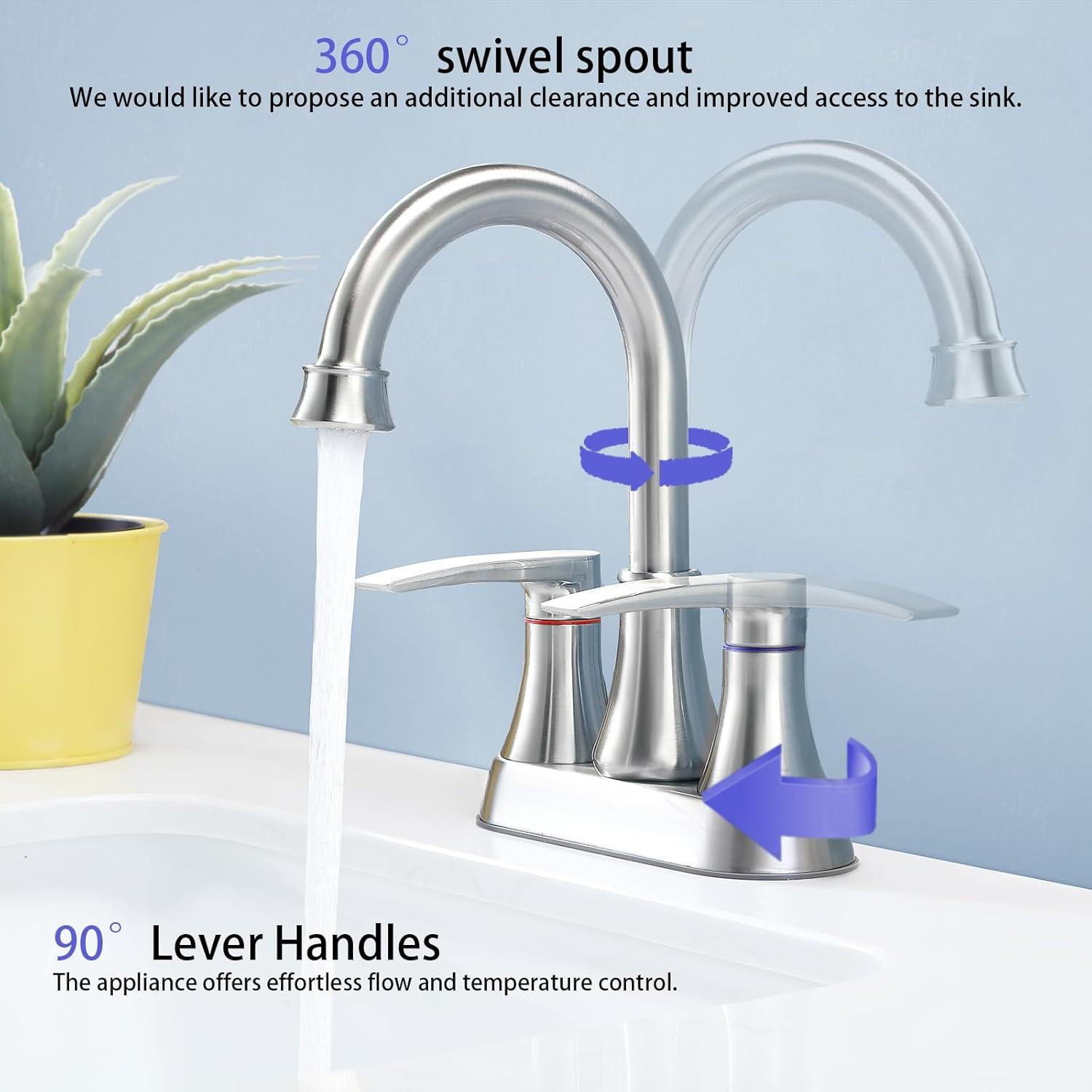 Brushed Nickel Bathroom Faucet, 2-Handle Lead-Free 360° Swivel High-Arc Spout 4 Inch Centerset Bath Lavatory Vanity Sink Faucets Set for Sinks with Drain & Water Hoses, VABM80008L