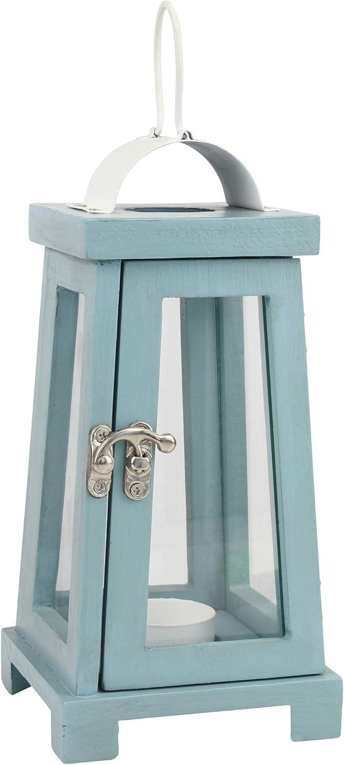 Nautical Blue Painted Wood Tabletop Hurricane Candle Lantern