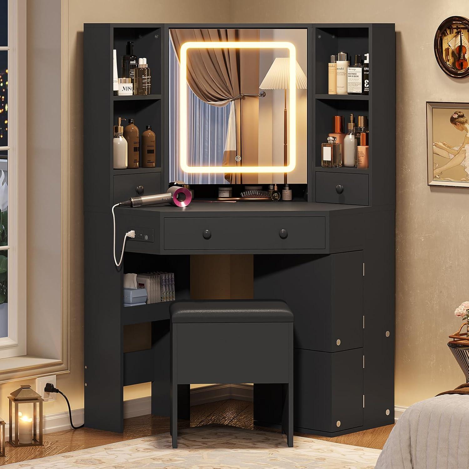 Black Corner Vanity Set with Lighted Mirror and Storage