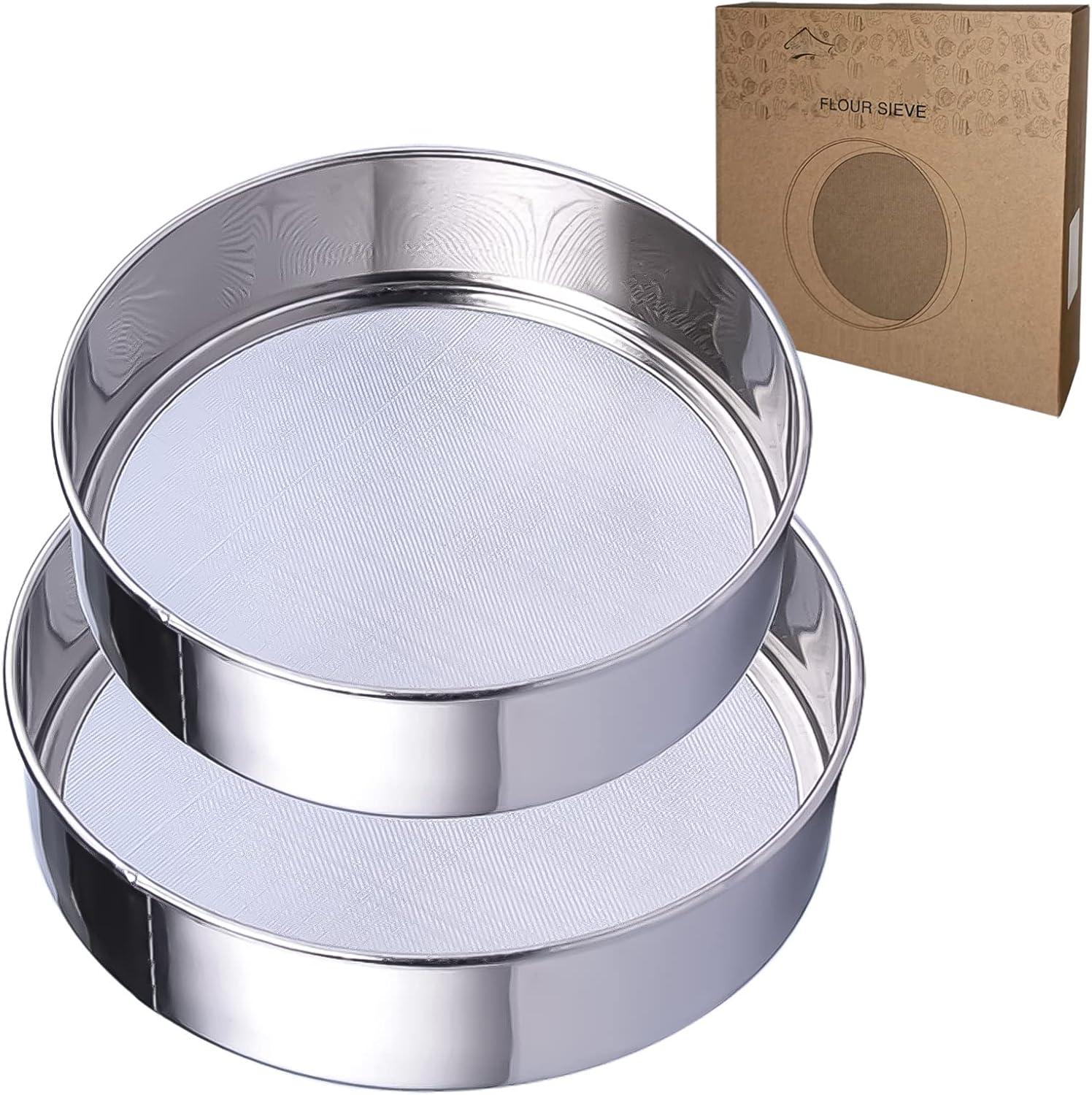 2Pcs Sieve Fine Mesh, Stainless Steel Round Sifter for Baking, Flour Sieve, 8 Inch 40 Mesh and 6 Inch 60 Mesh