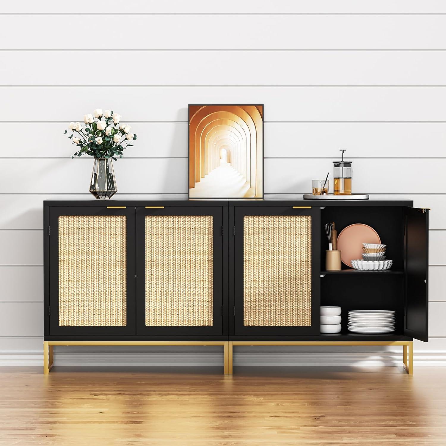 Anmytek  Mid-Century Modern 2-Door Black Buffet Sideboard Accent Storage Cabinet with Adjustable Shelves