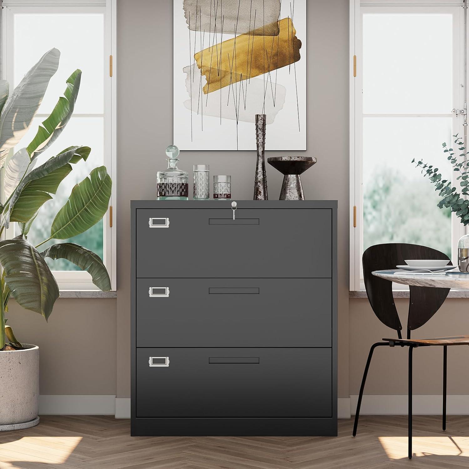 MIIIKO Lateral File Cabinet with Lock, 3 Drawer Lateral Filing Cabinet, Large Deep Drawers Locked by Keys, Metal Storage File Cabinet for Hanging Files Letter/Legal/F4/A4 Size