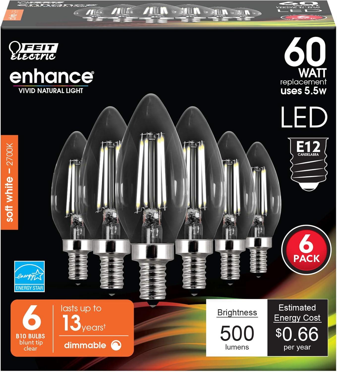 Feit Electric Enhance B10 E12 (Candelabra) LED Bulb Soft White 60 Watt Equivalence 6 pk