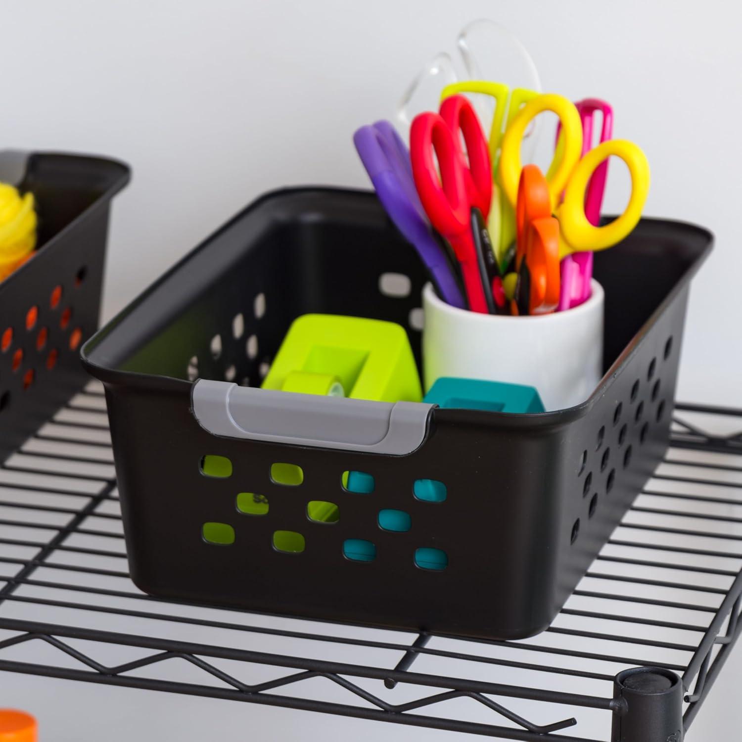 IRIS USA Small Plastic Storage Basket, 12-Pack, Shelf Basket Organizer for Pantries Kitchens Cabinets Bedrooms, Black