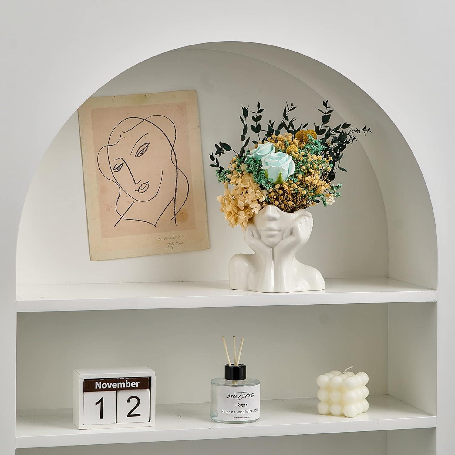 FJS Ceramic Face Vase, White Flower Vase for Decor, 5.3" W x 4.7" H Modern Decorative Vase Centerpiece for Table Shelf Living Room Office Bedroom