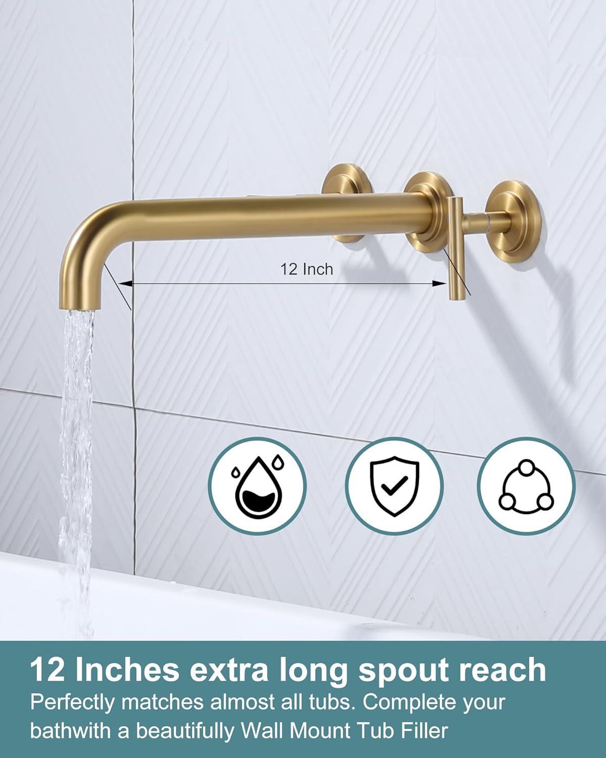 Double Handle Wall Mounted Bathroom Faucet in Solid Brass, Brused Gold