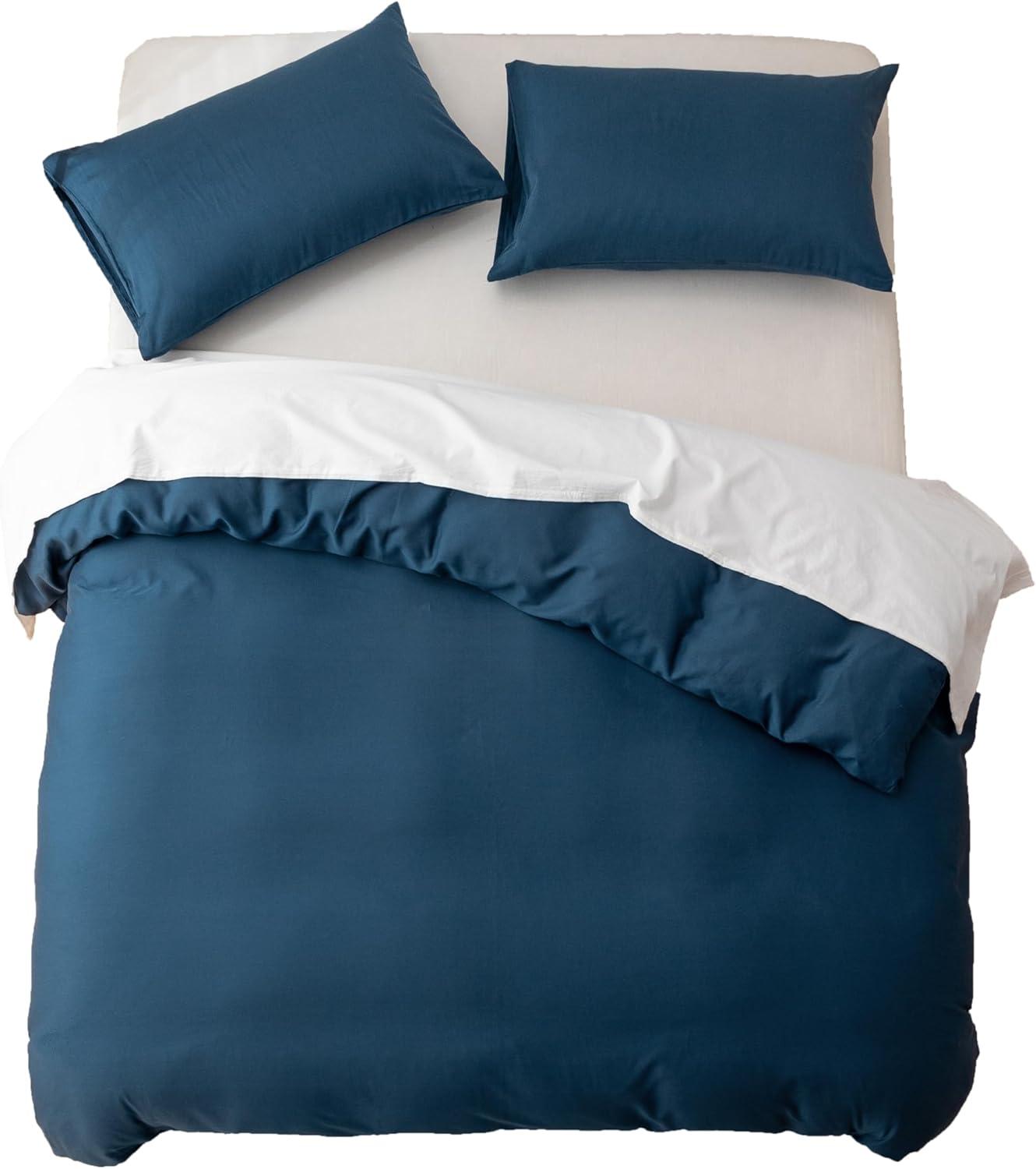 HeimenAogo Egyptian Cotton Duvet Cover Set Queen, Ultra Soft and Breathable Comforter Cover with Zipper Closure, High Thread Count Long Staple Cotton Blanket Cover 3pcs Ensign Blue