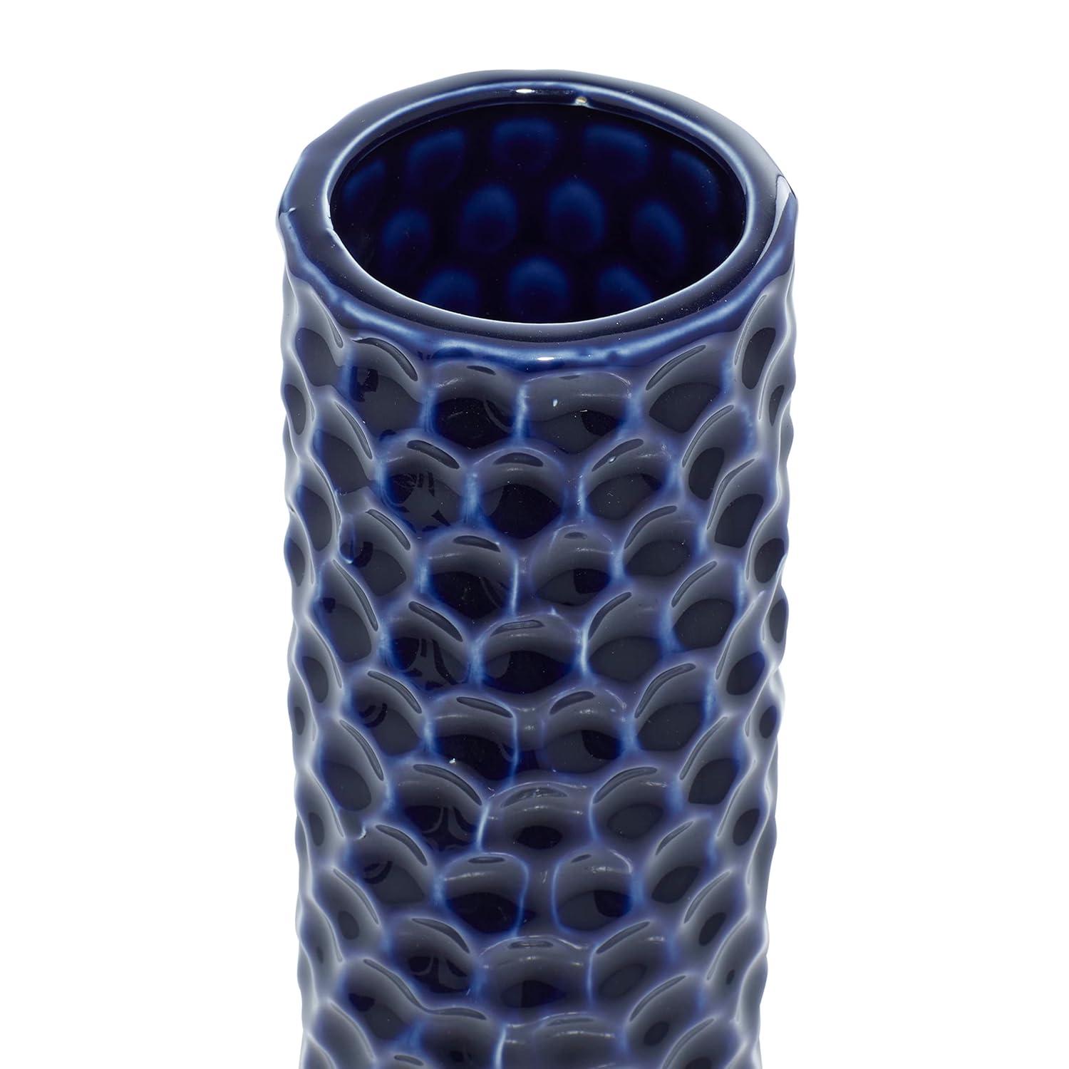 DecMode 3"W, 12"H Dark Blue Ceramic Vase with Varying Patterns, Set of 3