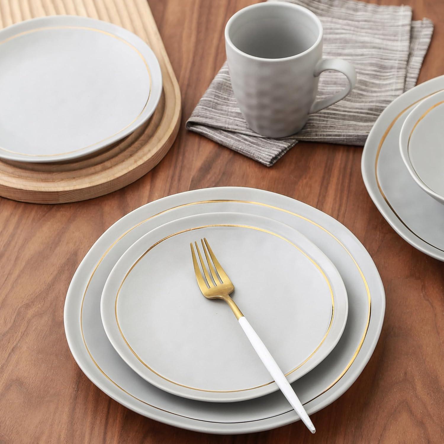 Gray Porcelain 32-Piece Dinnerware Set with Gold Detailing