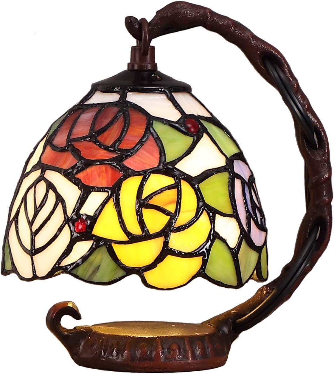 World Menagerie Rose Tiffany Style Stained Glass Table Lamp With 6-Inch Wide Lampshade Hanging On The Cast Iron Base (Pink)