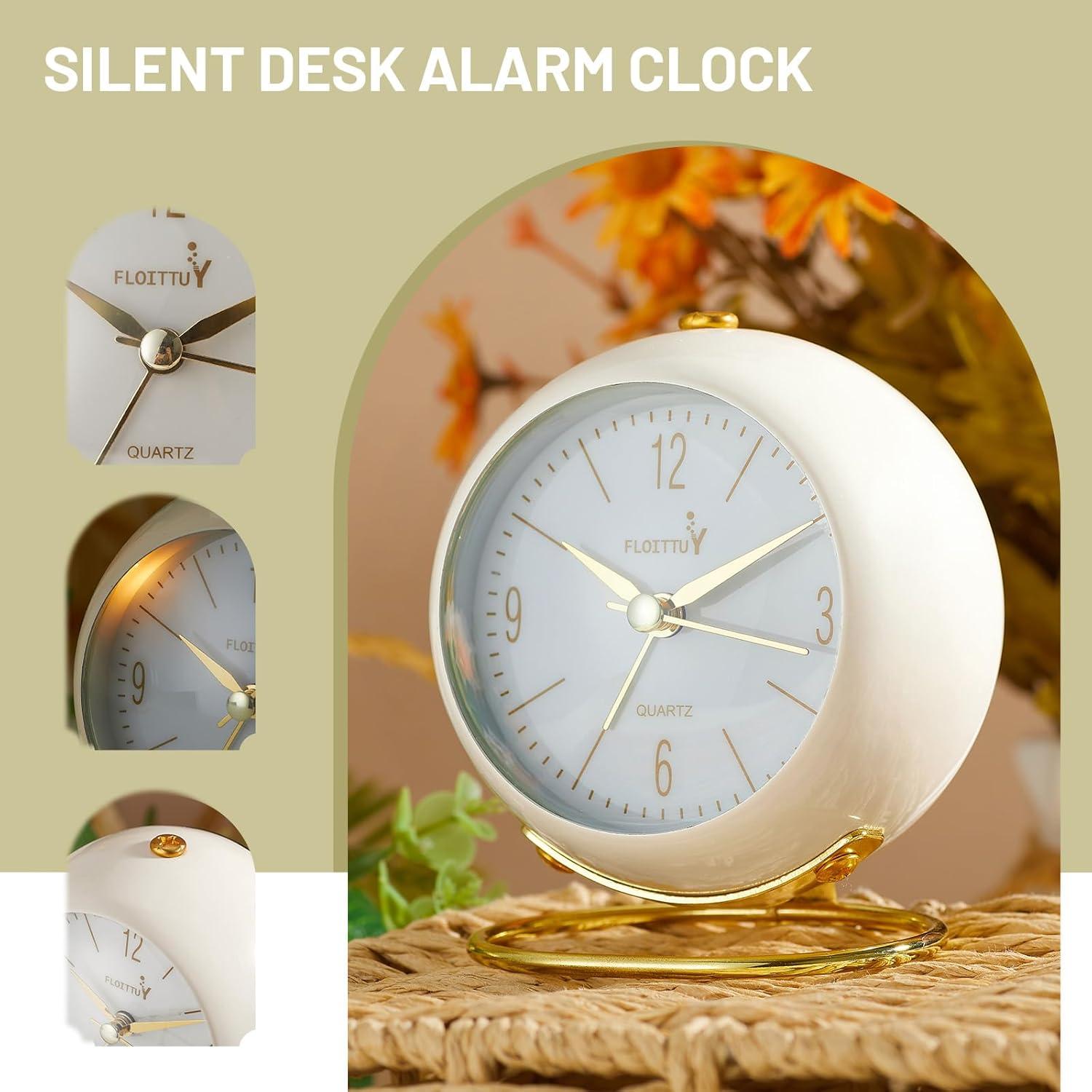 White and Gold Silent Analog Alarm Clock for Kids