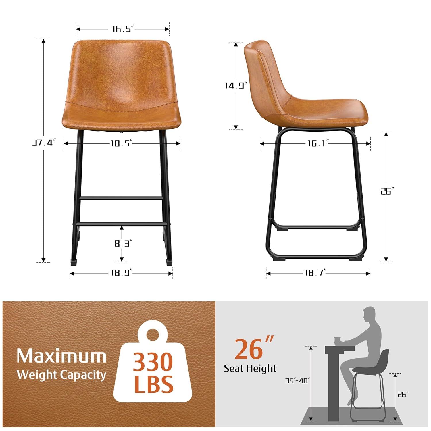 WM 26 inch Counter Height Bar Stools Set of 4, Modern Faux Leather High Barstools with Back and Metal Leg, Bar Chairs for Indoor & Outdoor, Brown