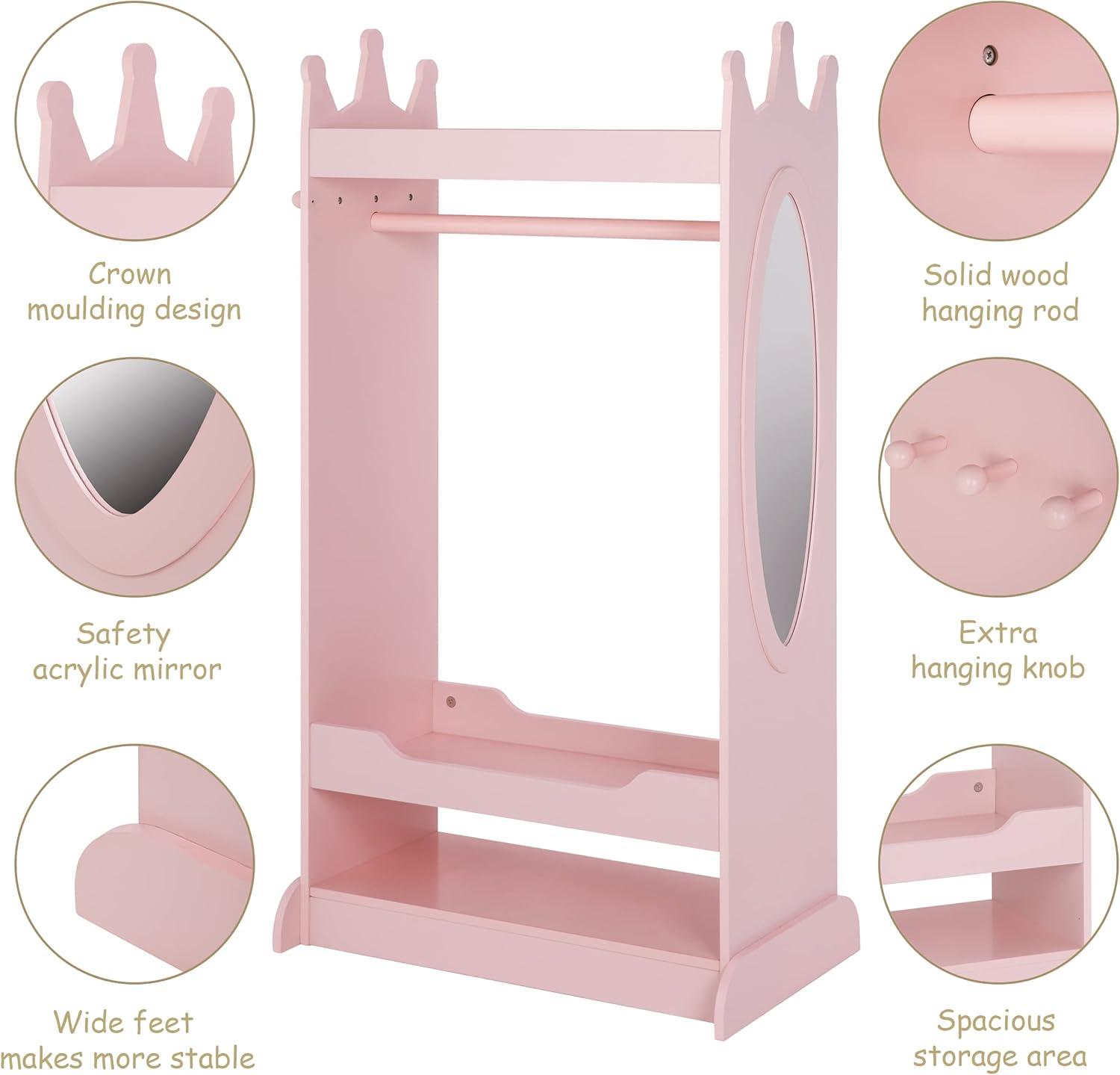 Kids Pink Costume Organizer with Mirror - Open Hanging Armoire Rack for Dress-Up Play and Storage