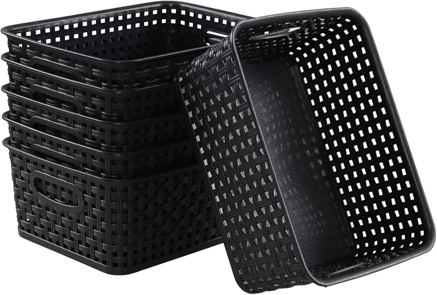 Black Rectangular Plastic Woven Storage Baskets, Set of 6