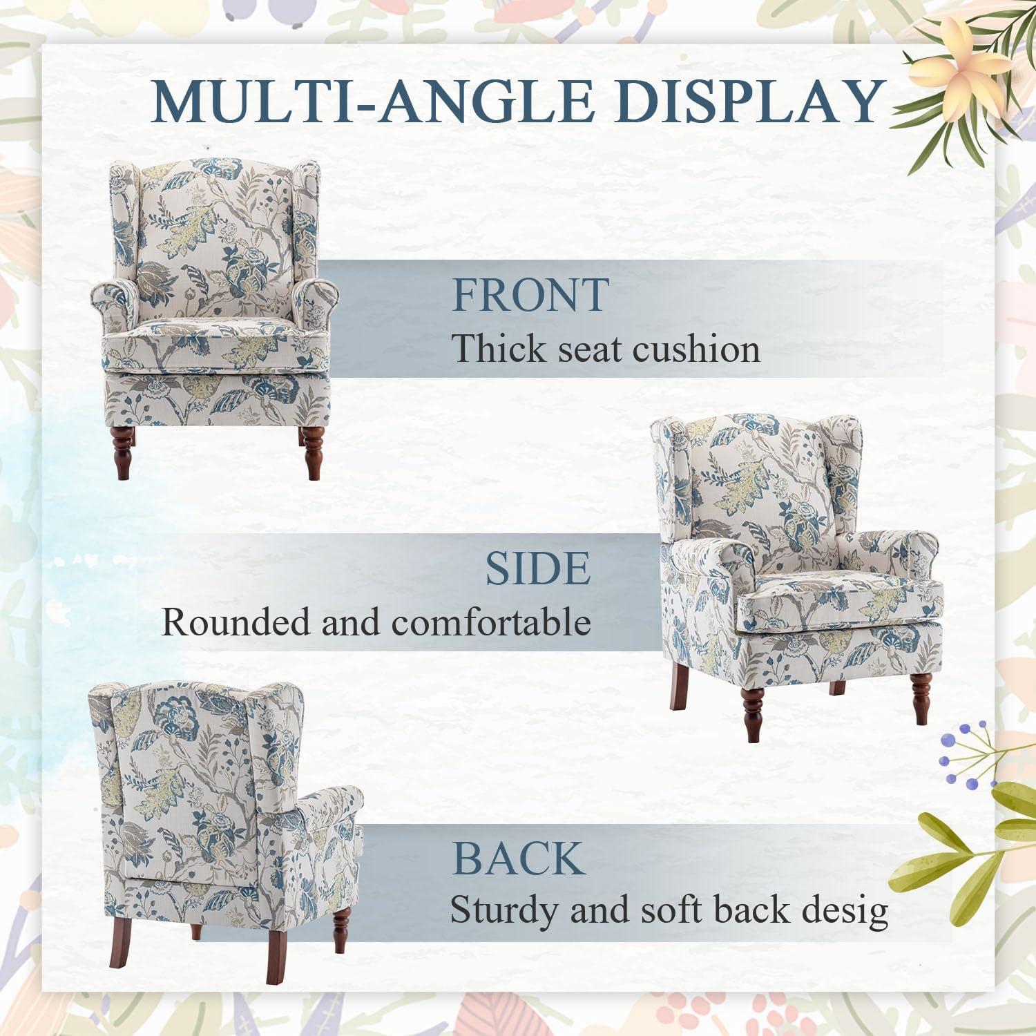 Blue Floral Upholstered Barrel Accent Chair with Wood Legs