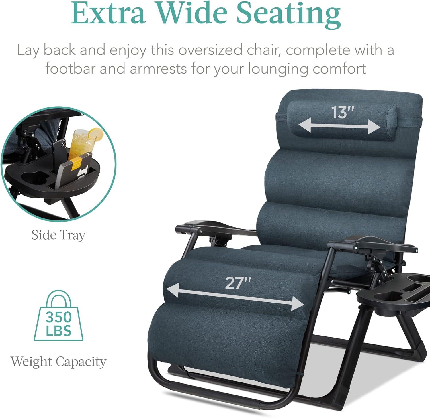 Best Choice Products Oversized Zero Gravity Chair, Folding Recliner w/ Removable Cushion, Side Tray - Graphite Blue